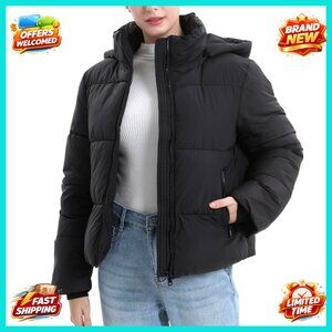 Cropped Puffer Jacket Quilted Lightweight Winter Coat Removable Hood Zipped